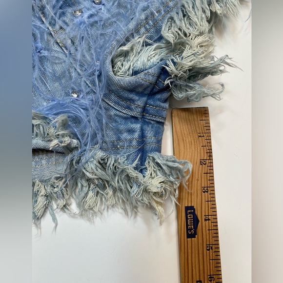 Tassel Inlaid Denim Shorts A-line Shorts Rhinestone Ostrich Feather Frayed - Picture 5 of 15